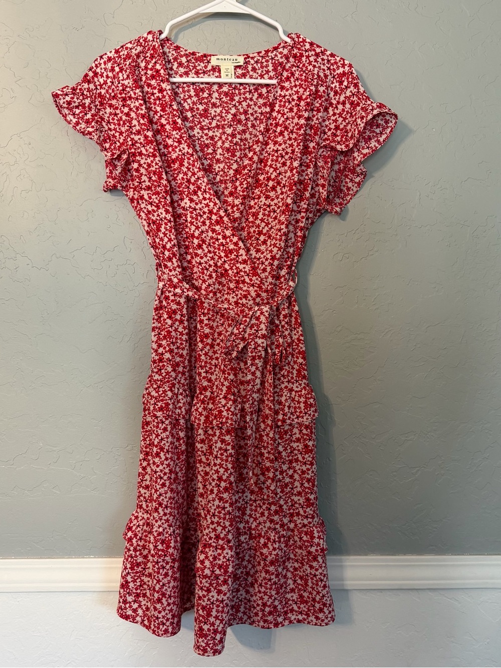 Monteau Red Floral Tiered Dress with Tie Waist